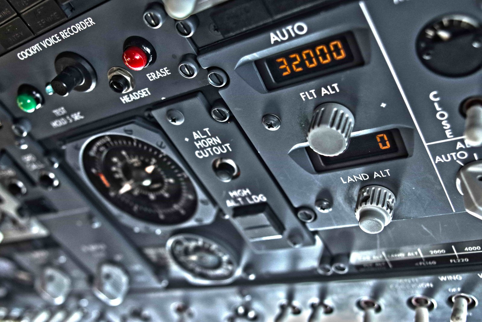 Overhead control panel of an airplane cockpit